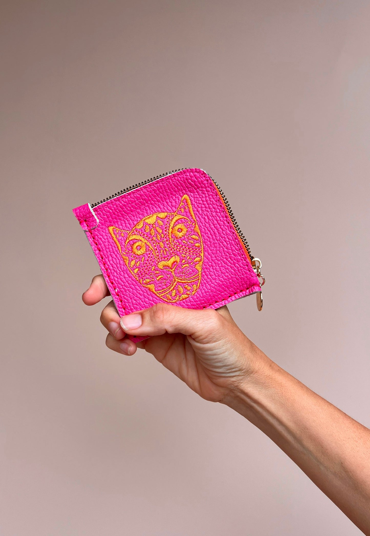 JAGUAR EMBROIDERED ZIP AROUND WALLET // HOT PINK WITH ORANGE
