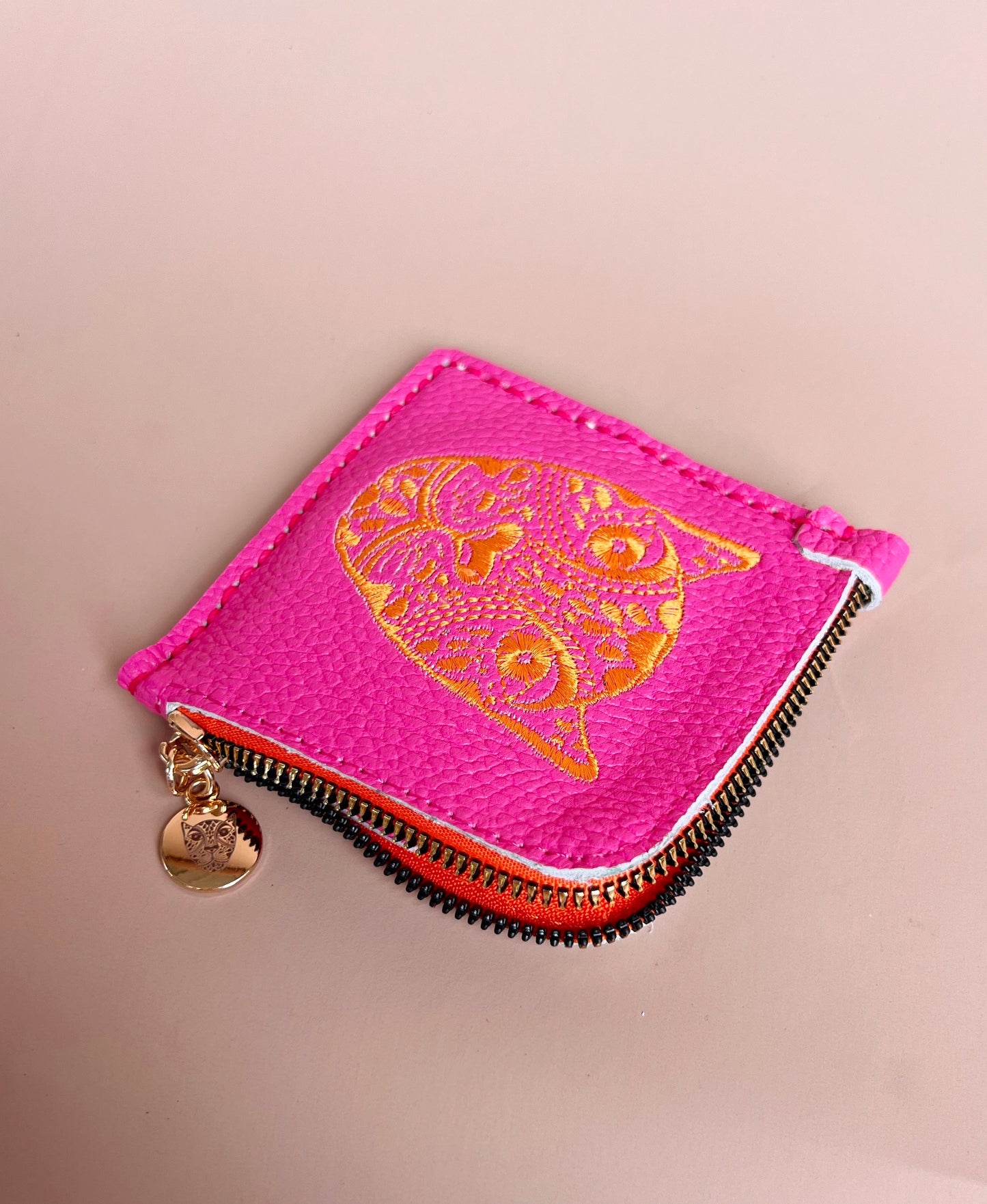 JAGUAR EMBROIDERED ZIP AROUND WALLET // HOT PINK WITH ORANGE