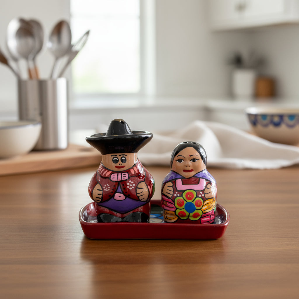 Hand-Painted Talavera Salt & Pepper Shakers | Couple on Tray
