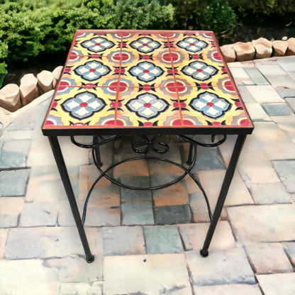 Mexican Accent End Table Metal | Colorful Talavera Tile Design