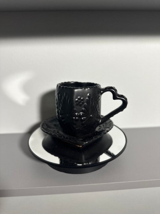 Heart Shaped Talavera Mug Set (Black/Black) -Juego Taza Corazon Negra