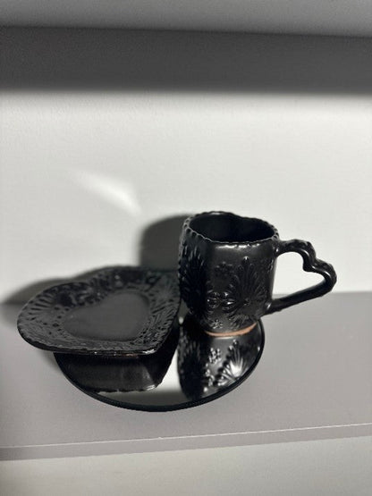 Heart Shaped Talavera Mug Set (Black/Black) -Juego Taza Corazon Negra