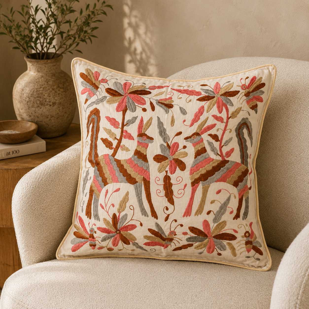 Mexican Handwoven Otomi Pink Nature Cushion Cover - Almohada Otomi