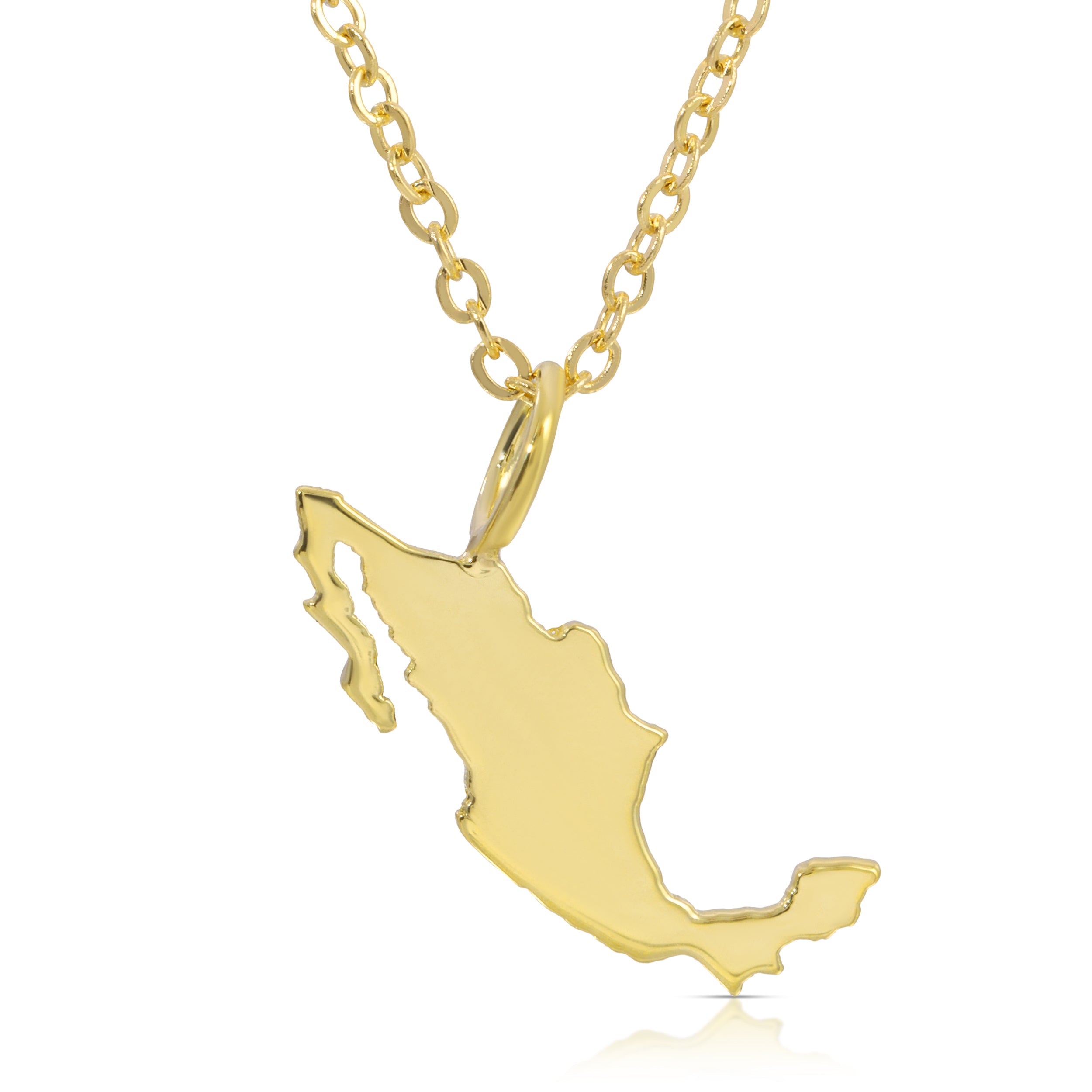Mexico Map 14K Solid Gold Pendant Necklace with chain, polished gold jewelry piece featuring detailed Mexico outline charm
