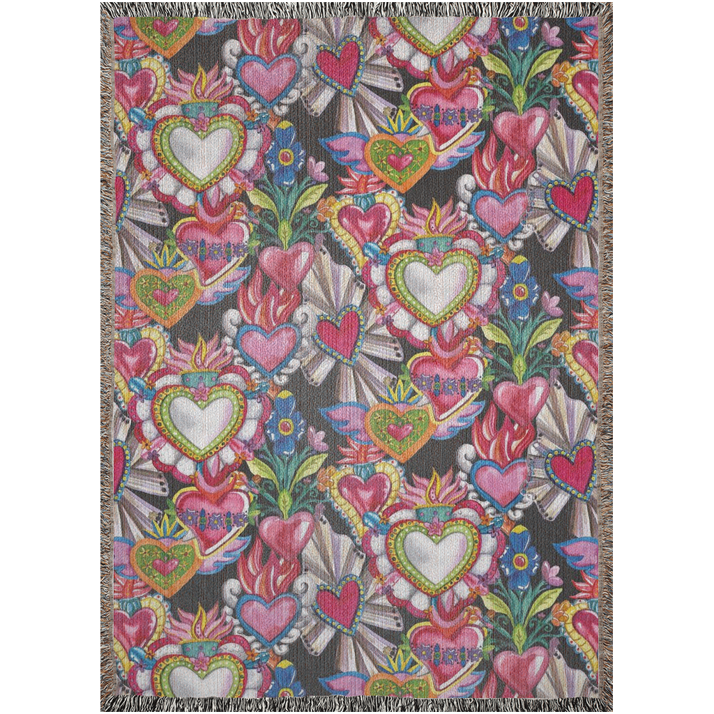 Collage of sacred hearts Woven Blanket. Mexican folklore art for him or her. Picnic blanket, beach blanket, throw blanket.
