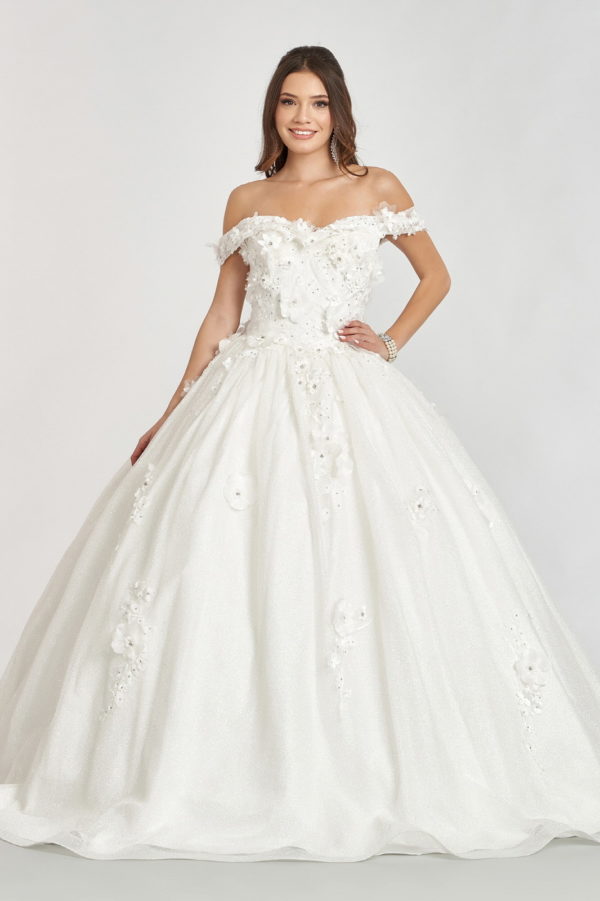 3D Floral Applique and Jewel Embellished Glitter Mesh Quinceanera Dress