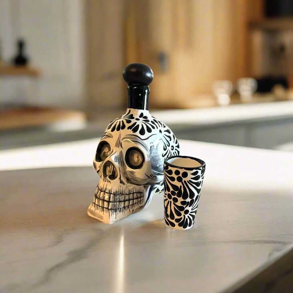Handmade Skull Decanter Set | Black & White Mexican Barware