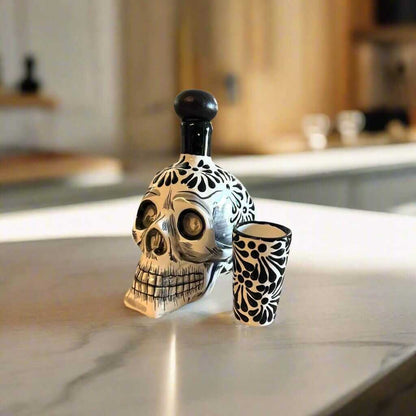 Handmade Skull Decanter Set | Black & White Mexican Barware