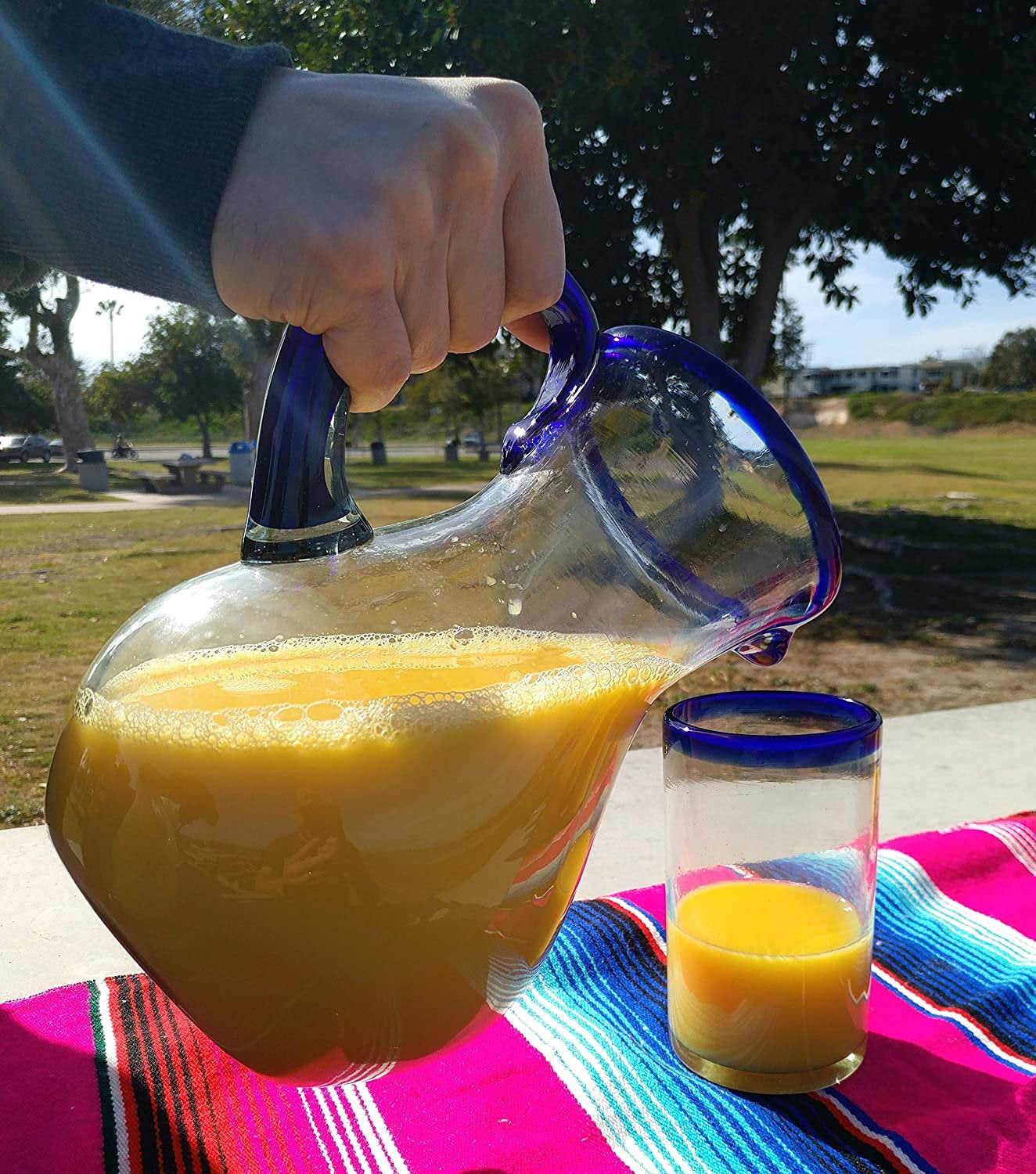 Cobalt Blue Rim & Handle Glass Pitcher – Juice, Margaritas, Water, Lemonade (84 oz)