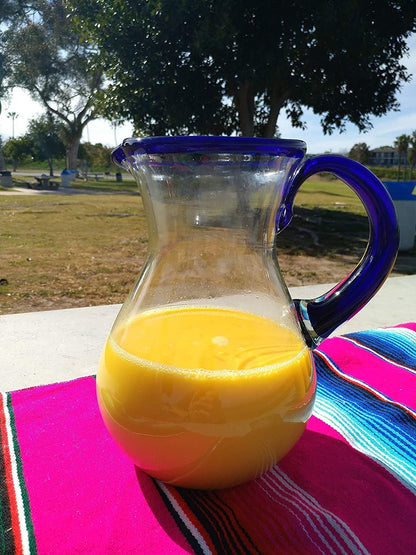 Cobalt Blue Rim & Handle Glass Pitcher – Juice, Margaritas, Water, Lemonade (84 oz)