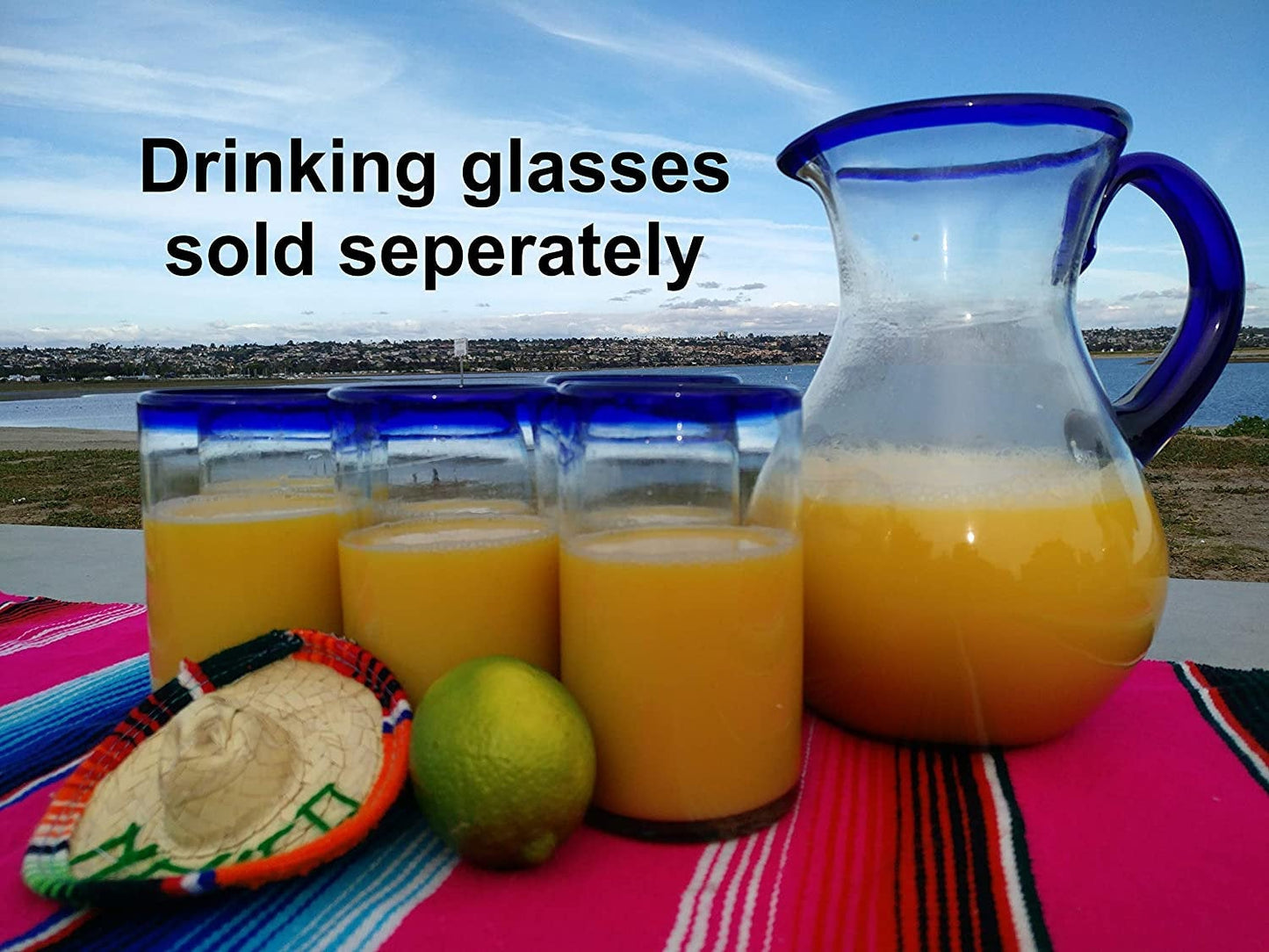 Cobalt Blue Rim & Handle Glass Pitcher – Juice, Margaritas, Water, Lemonade (84 oz)