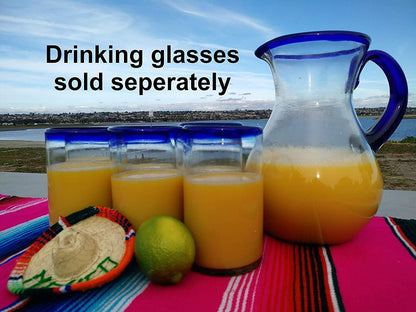 Cobalt Blue Rim & Handle Glass Pitcher – Juice, Margaritas, Water, Lemonade (84 oz)