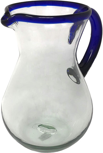 Cobalt Blue Rim & Handle Glass Pitcher – Juice, Margaritas, Water, Lemonade (84 oz)