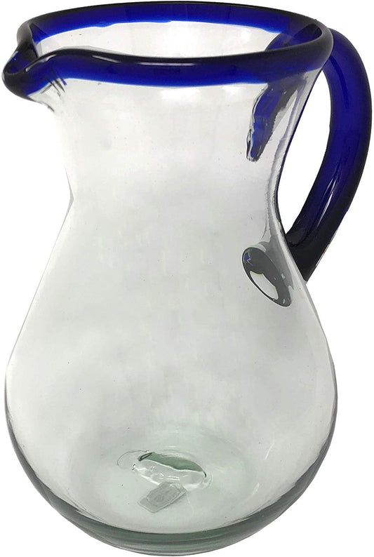 Cobalt Blue Rim & Handle Glass Pitcher – Juice, Margaritas, Water, Lemonade (84 oz)