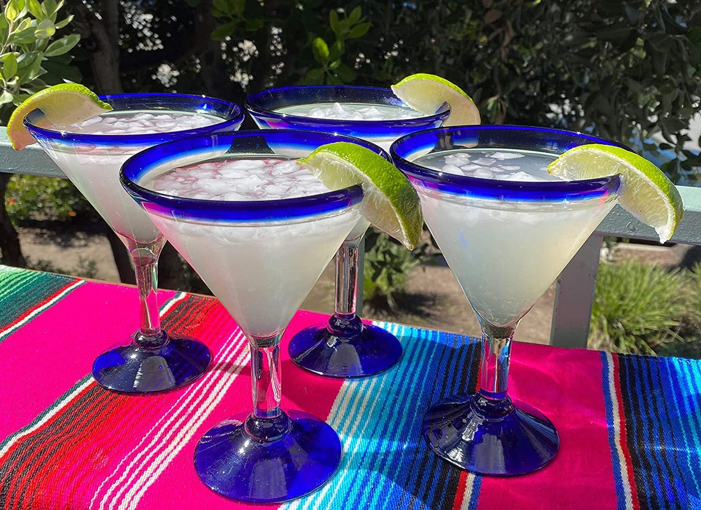 Cobalt Blue Rim Modern Margarita Glasses - Martini Style - Set of 4 (12 oz each)