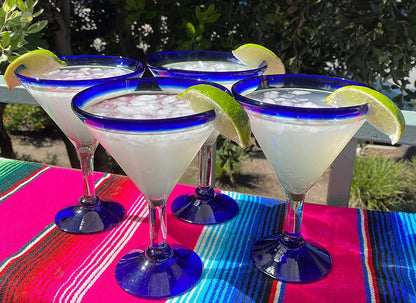 Cobalt Blue Rim Modern Margarita Glasses - Martini Style - Set of 4 (12 oz each)