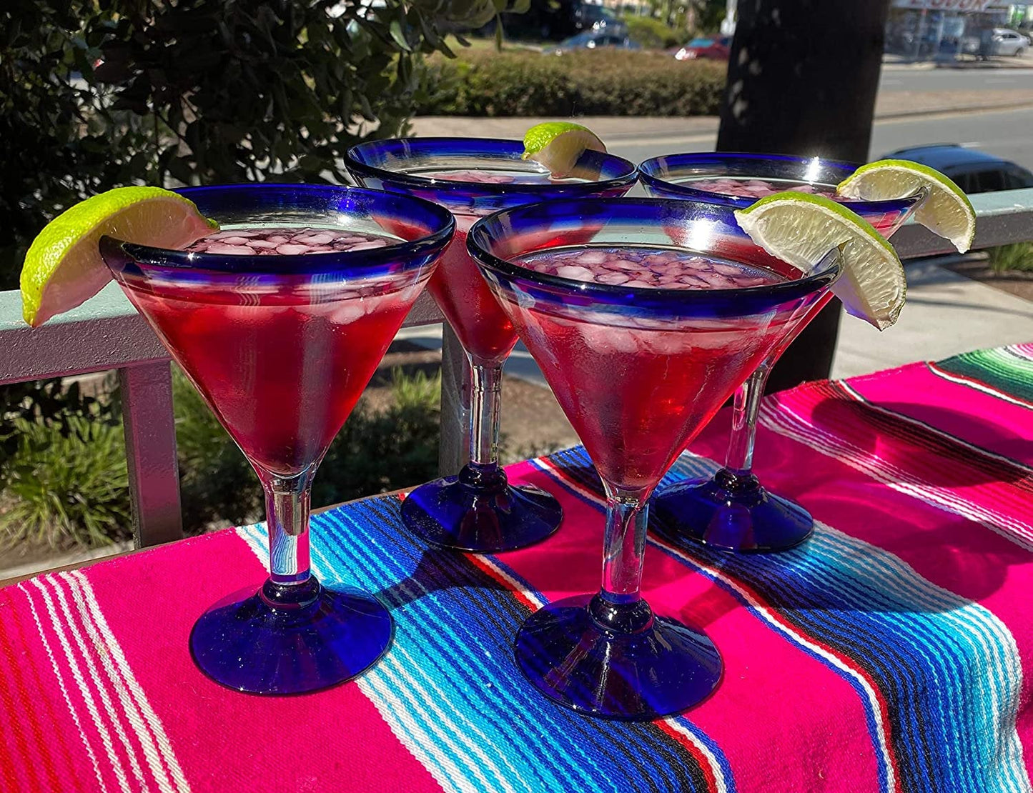 Cobalt Blue Rim Modern Margarita Glasses - Martini Style - Set of 4 (12 oz each)