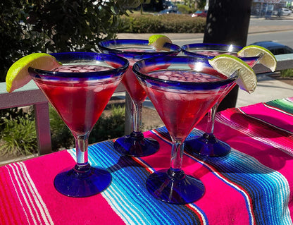 Cobalt Blue Rim Modern Margarita Glasses - Martini Style - Set of 4 (12 oz each)