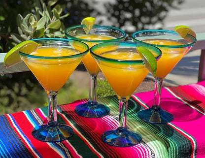 Aqua Rim Modern Margarita Glasses - Martini Style - Set of 4 (12 oz each)
