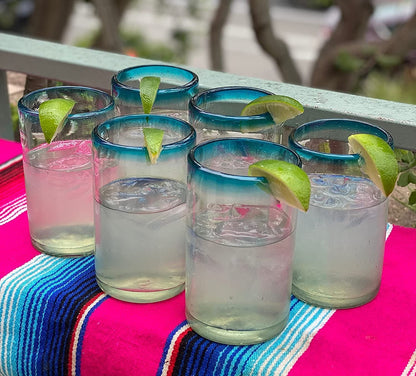 Aqua Rim Drinking Glasses - Set of 6 (14 oz each)