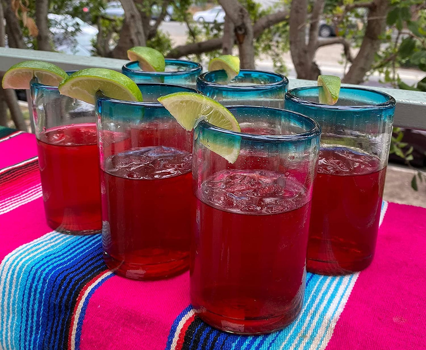 Aqua Rim Drinking Glasses - Set of 6 (14 oz each)