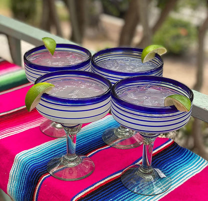 Cobalt Blue Spiral Design Margarita Glasses - Set of 4 (16 oz each)