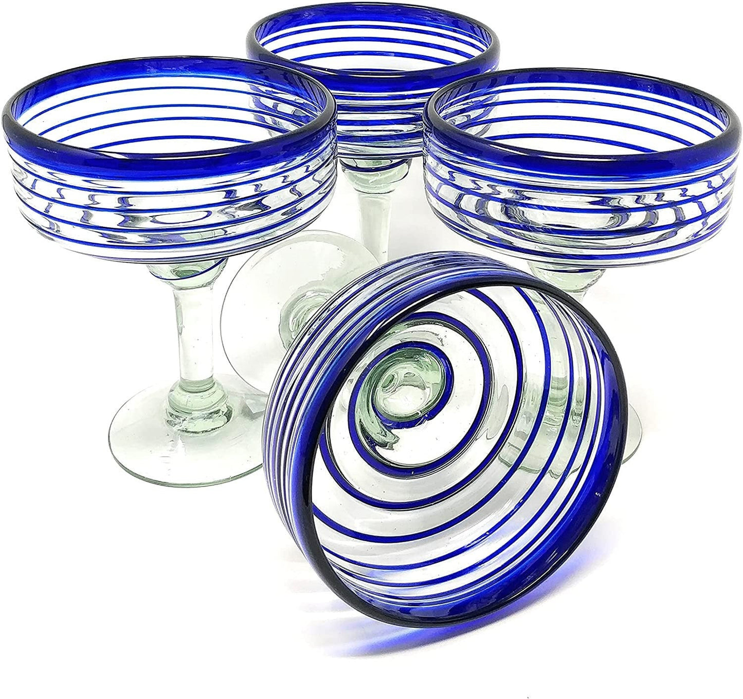 Cobalt Blue Spiral Design Margarita Glasses - Set of 4 (16 oz each)