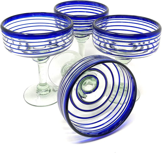 Cobalt Blue Spiral Design Margarita Glasses - Set of 4 (16 oz each)