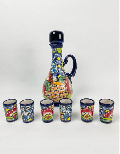 Talavera Mexican Shot Glasses With Decanter Licorera Con Vasos Tequileros