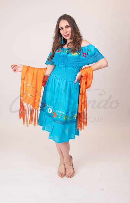 Mexican Campesina Midi Dress Mint
