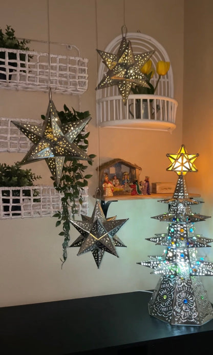 Mexican Tin Star With Color Marbles Moravian Star Tin Punched Star Hanging Star Light