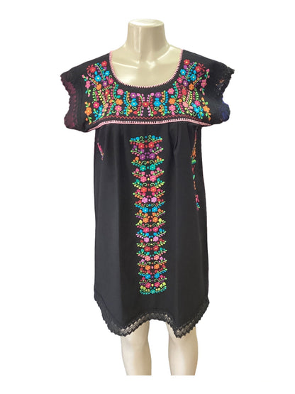 Mexican Tehuacan Dress with Lace Black - Vestido Negro Mexican Tehuacan Dress with Lace Black - Vestido Negro