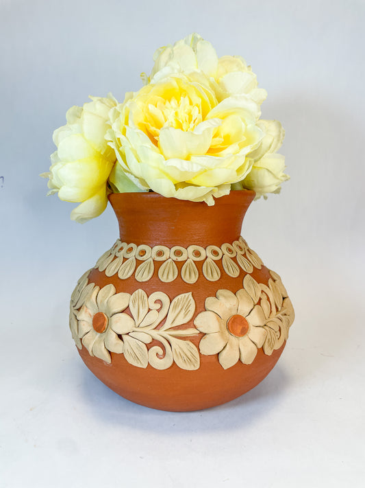 Oaxaca Round Flower Vase 8 inches Jarron de Barro Bordado