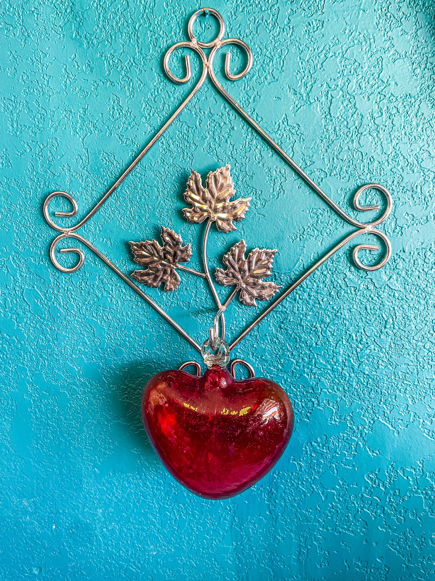 Mexican Glass Heart With Wall Metal Mount Cabo Hearts Blown Glass Hearts Corazones