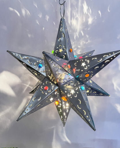 Mexican Tin Star With Color Marbles Moravian Star Tin Punched Star Hanging Star Light