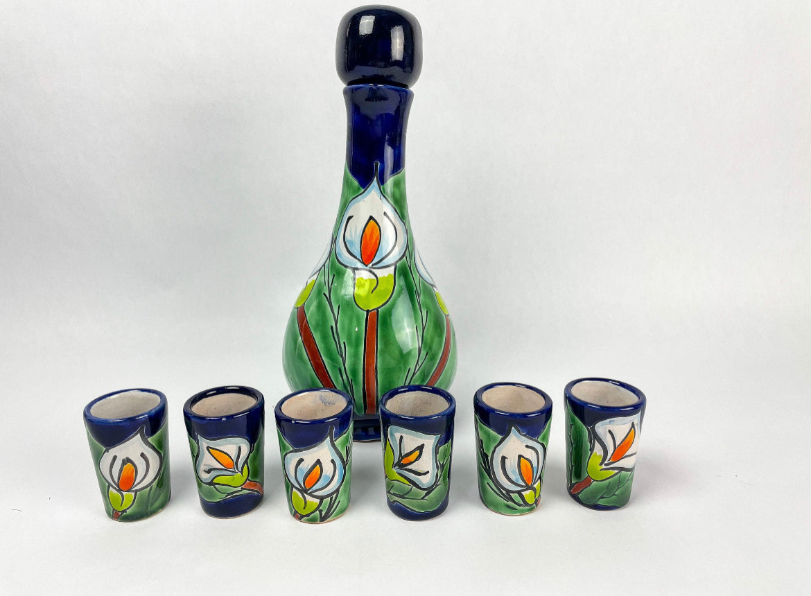 Talavera Mexican Shot Glasses With Decanter Licorera Con Vasos Tequileros