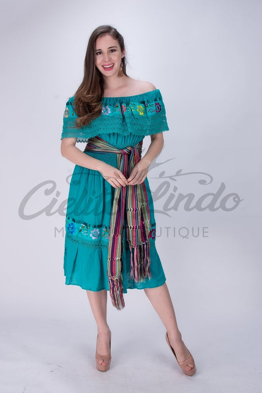 Mexican Campesina Midi Dress Teal