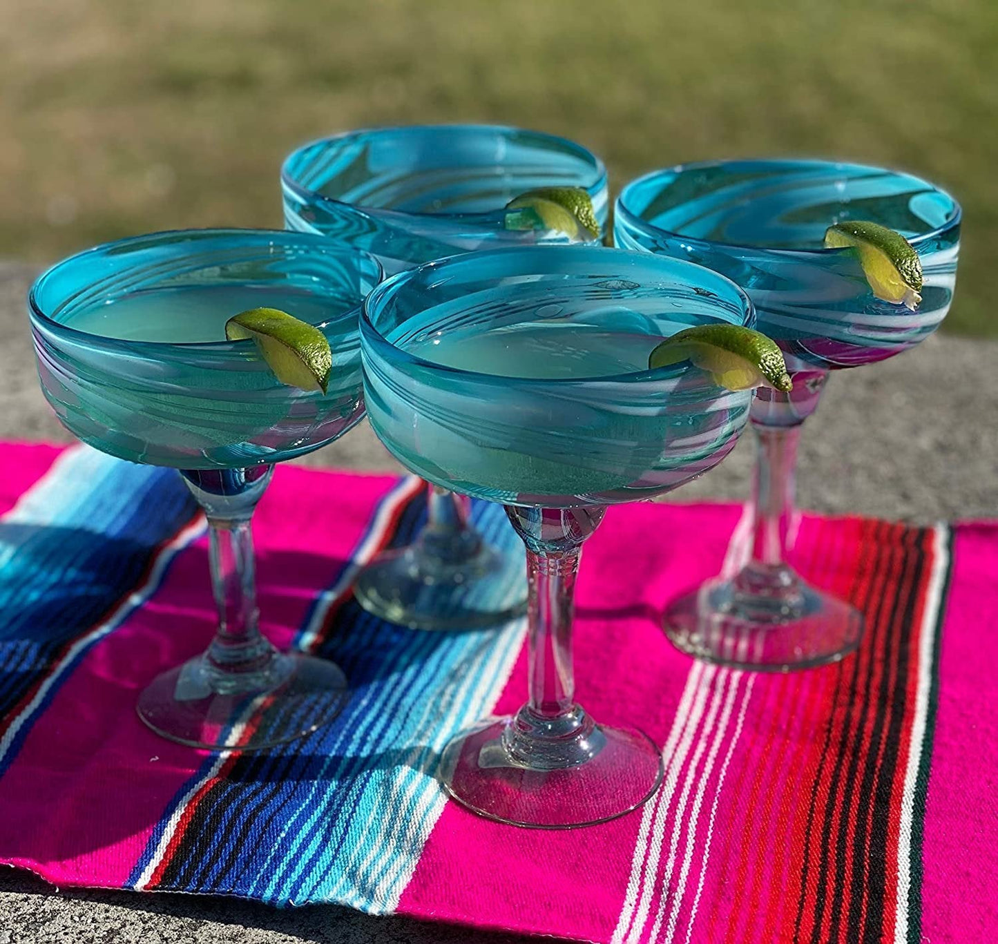 Aqua Swirl Design Margarita Glasses- Set of 4 (16 oz each)