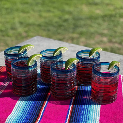 Hand Blown Mexican Drinking Glasses – Set of 6 Tumbler Glasses with an Aqua Spiral Design (10 oz each)