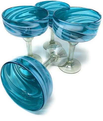 Aqua Swirl Design Margarita Glasses- Set of 4 (16 oz each)