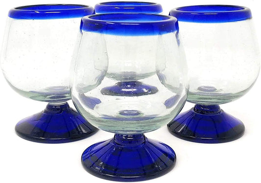 Cobalt Blue Rim Cognac Snifter Tequila Glasses - Set of 4 (7 oz each)