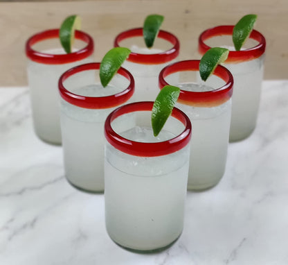 Hand Blown Mexican Drinking Glasses - Set of 6 Glasses with Red Rims (14 oz each)