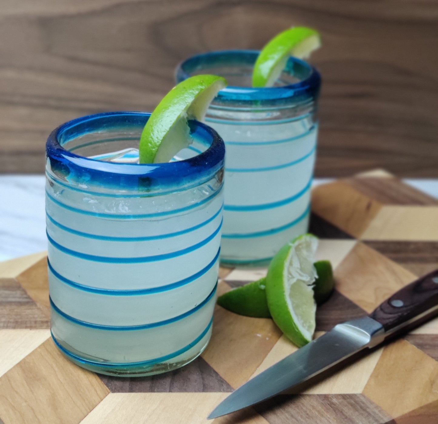 Hand Blown Mexican Drinking Glasses – Set of 6 Tumbler Glasses with an Aqua Spiral Design (10 oz each)