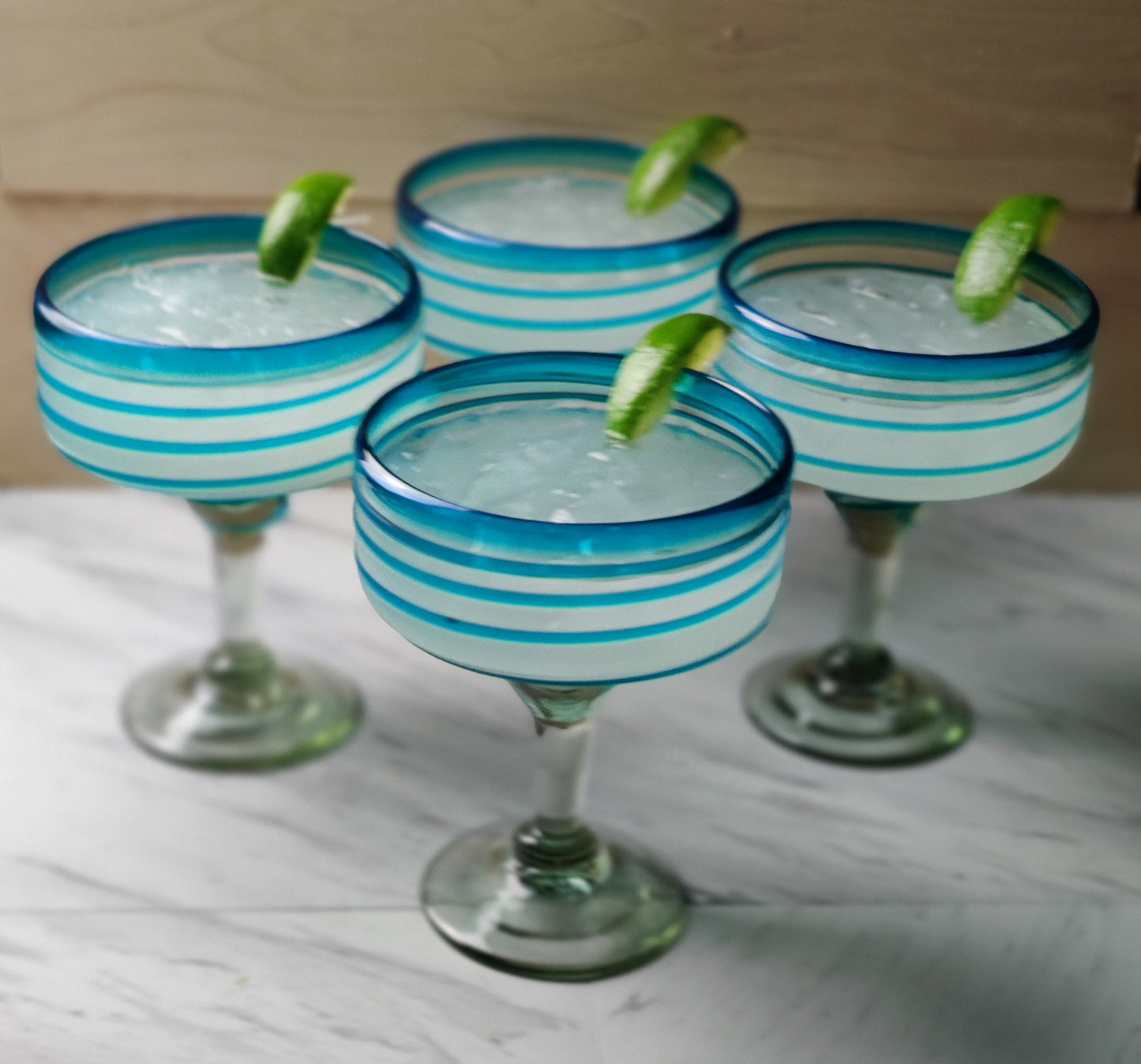 Mexican Hand Blown Glass – Set of 4 Hand Blown Margarita Glasses (16 oz) with Aqua Spiral Design
