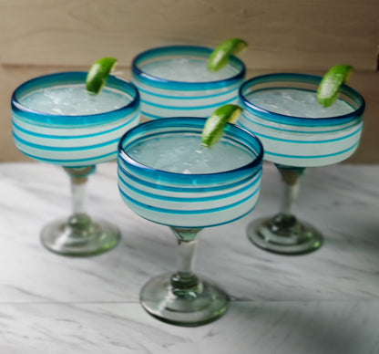 Mexican Hand Blown Glass – Set of 4 Hand Blown Margarita Glasses (16 oz) with Aqua Spiral Design