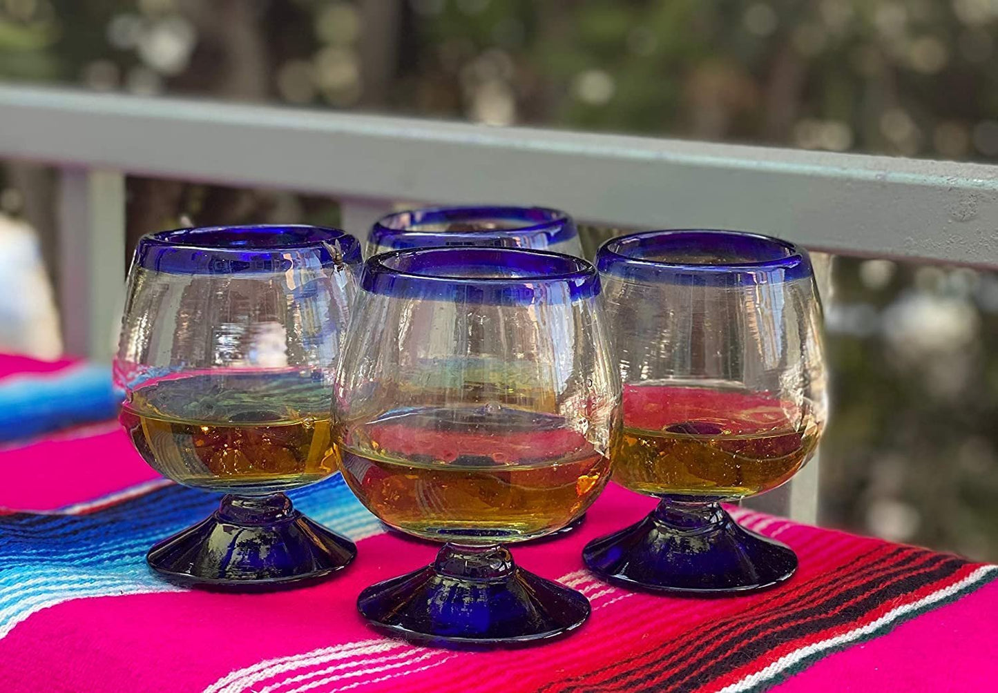 Cobalt Blue Rim Cognac Snifter Tequila Glasses - Set of 4 (7 oz each)