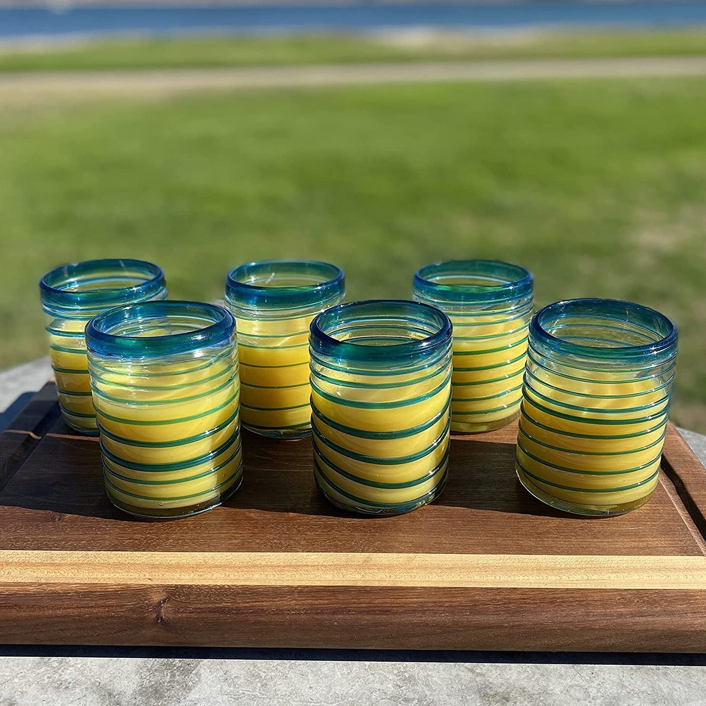 Hand Blown Mexican Drinking Glasses – Set of 6 Tumbler Glasses with an Aqua Spiral Design (10 oz each)
