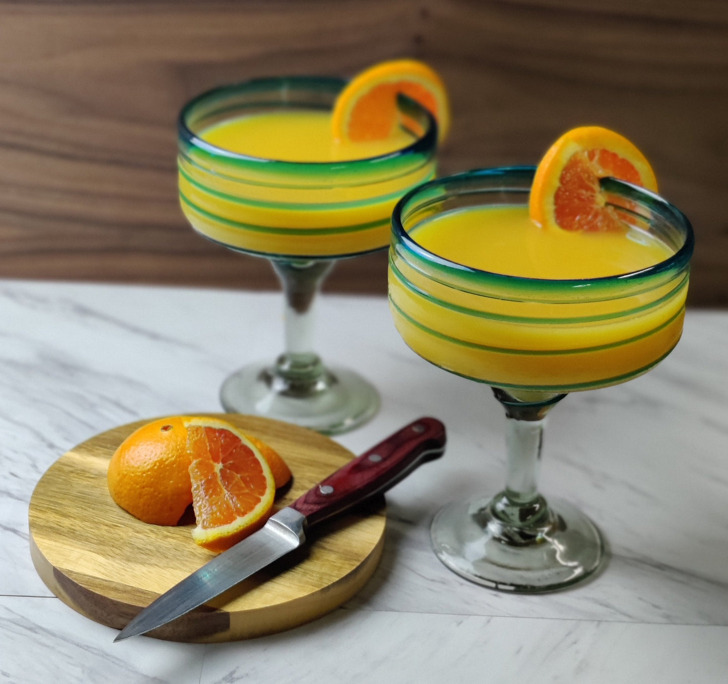 Mexican Hand Blown Glass – Set of 4 Hand Blown Margarita Glasses (16 oz) with Aqua Spiral Design