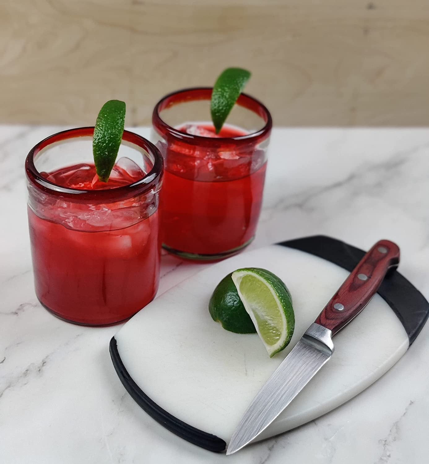 Hand Blown Mexican Drinking Glasses - Set of 6 Tumbler Glasses with Red Rims (10 oz each)