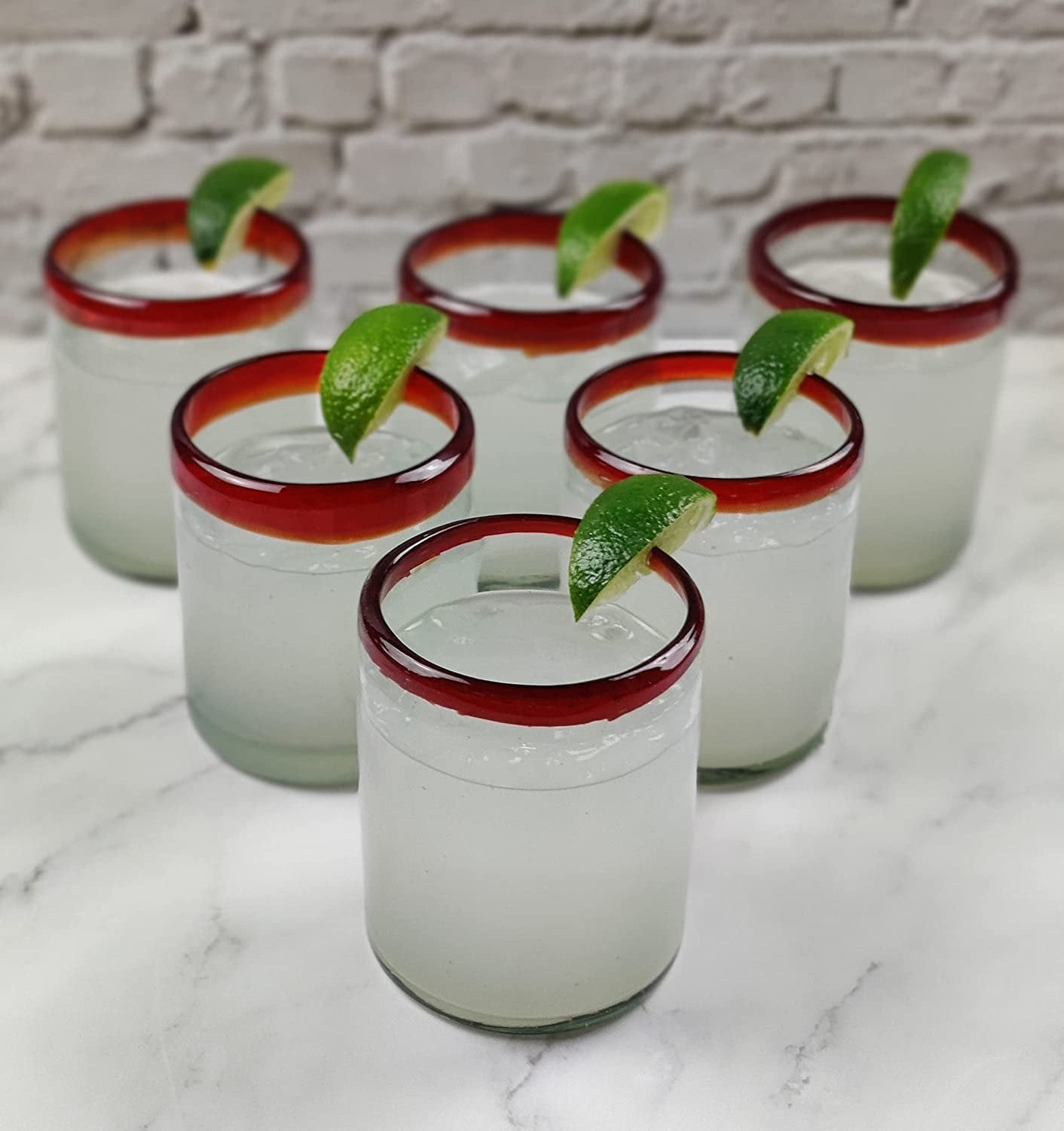 Hand Blown Mexican Drinking Glasses - Set of 6 Tumbler Glasses with Red Rims (10 oz each)